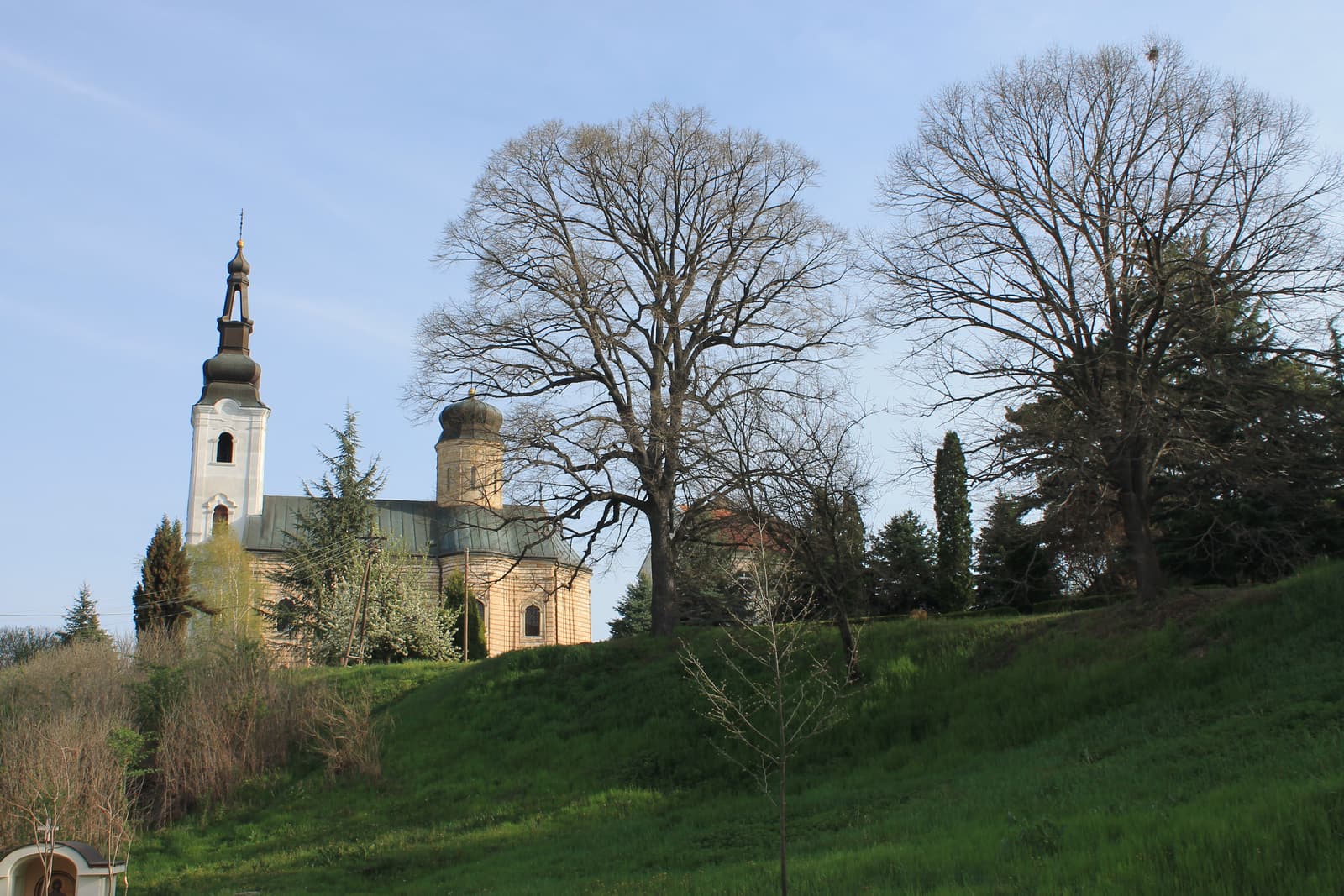 The church of Šišatovac Monastery among trees on its hillside