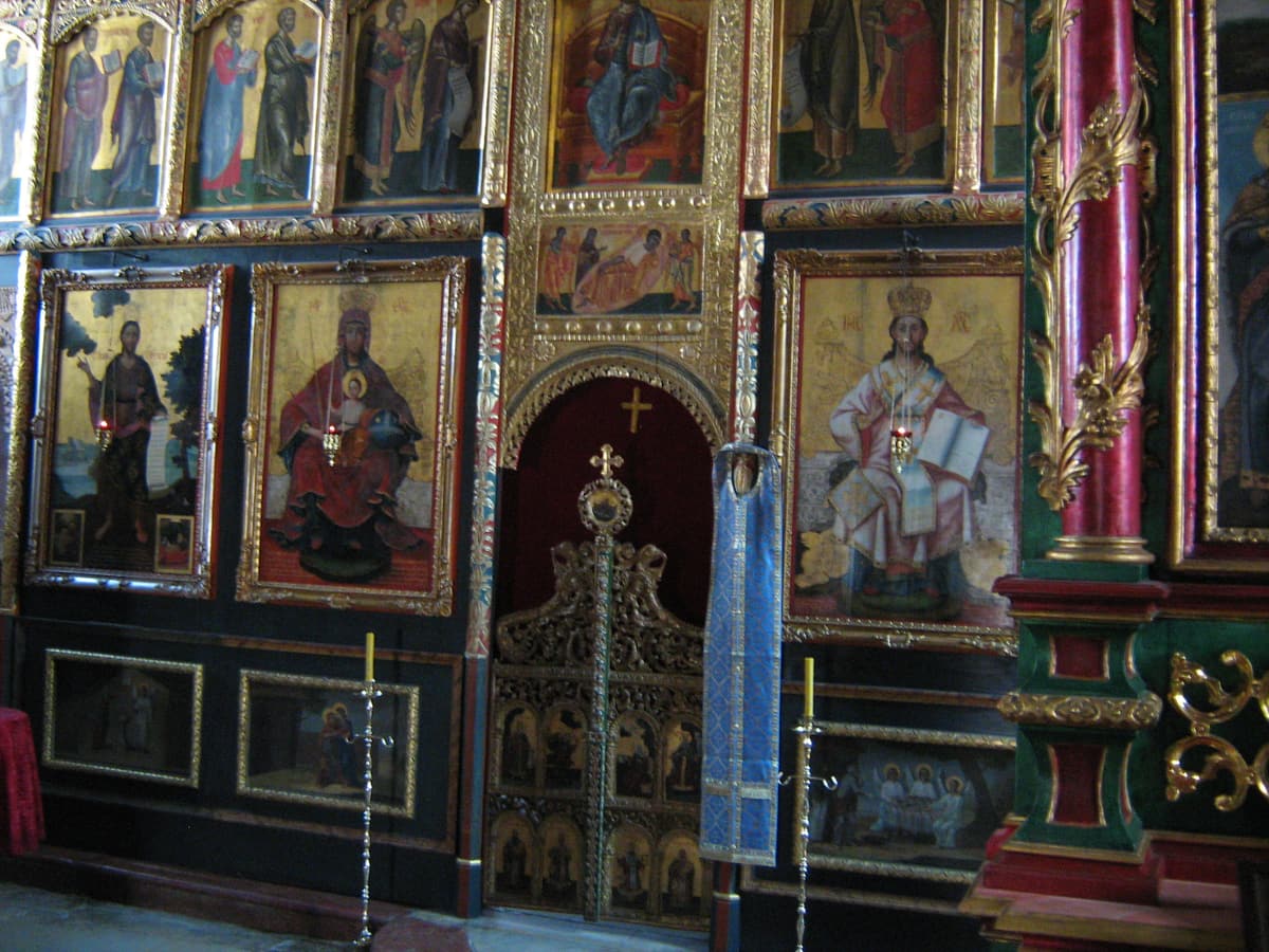 Gilded icons of the iconostasis inside the church of Krušedol Monastery
