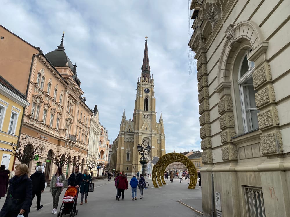 The neo-Gothic Name of Mary Church seen along a street in central Novi Sad