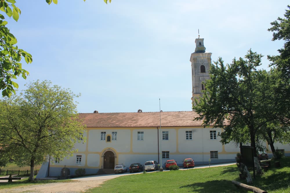 Velika Remeta Monastery with its tall baroque bell tower